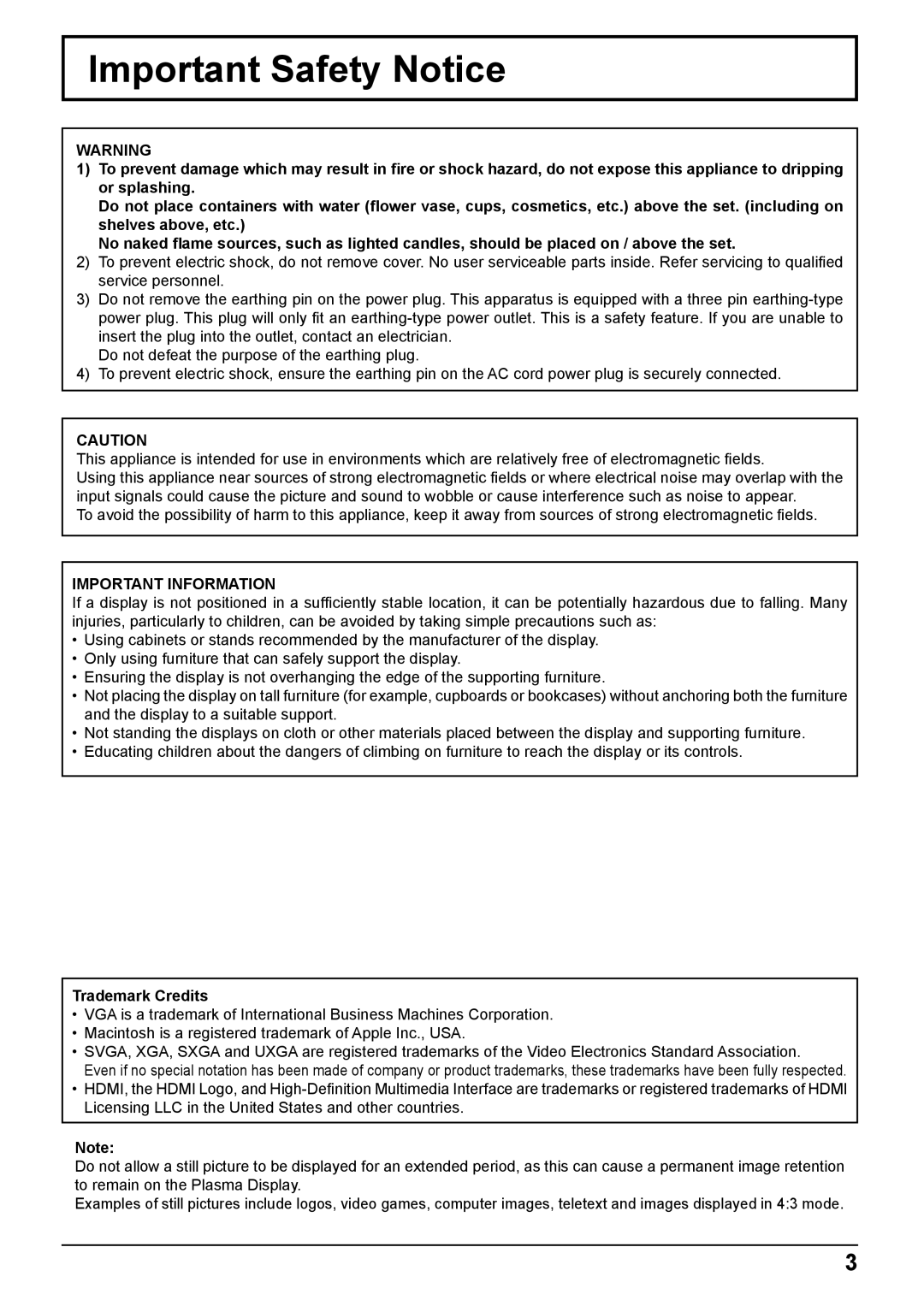 Panasonic TH-50PB2W, TH-65PB2W operating instructions Important Safety Notice, Important Information, Trademark Credits 