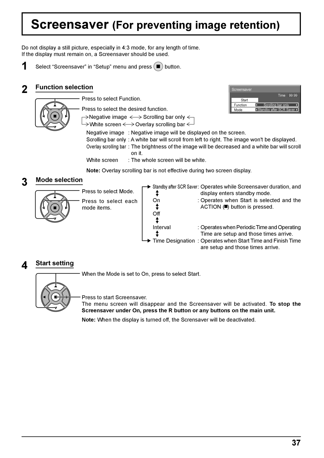 Panasonic TH-50PB2W Screensaver For preventing image retention, Function selection, Mode selection, Start setting, Action 