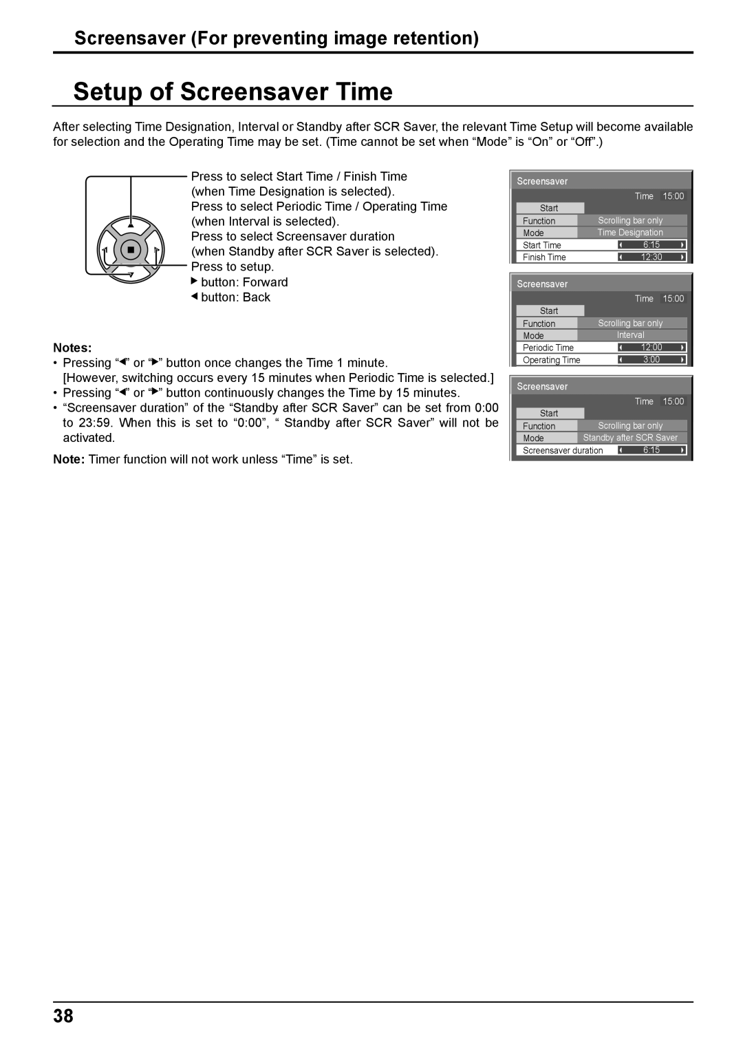 Panasonic TH-65PB2W, TH-50PB2W operating instructions Setup of Screensaver Time, Screensaver For preventing image retention 