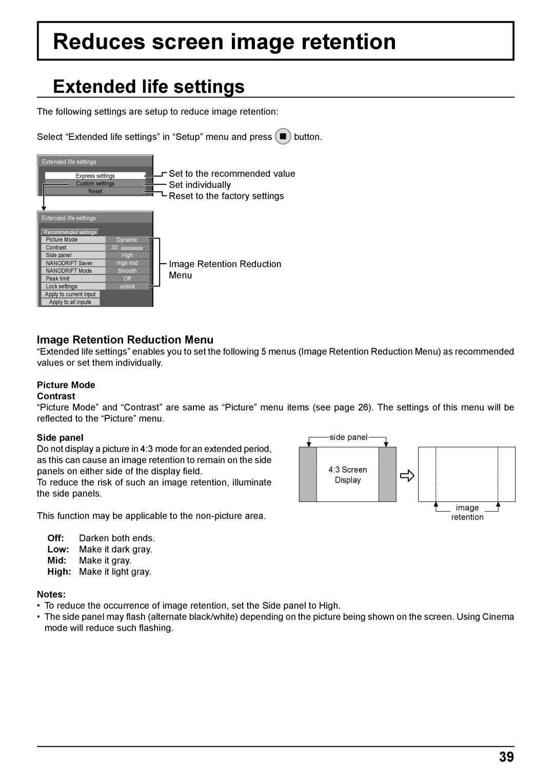 Panasonic TH-50PB2W Reduces screen image retention, Extended life settings, Image Retention Reduction Menu, Side panel 