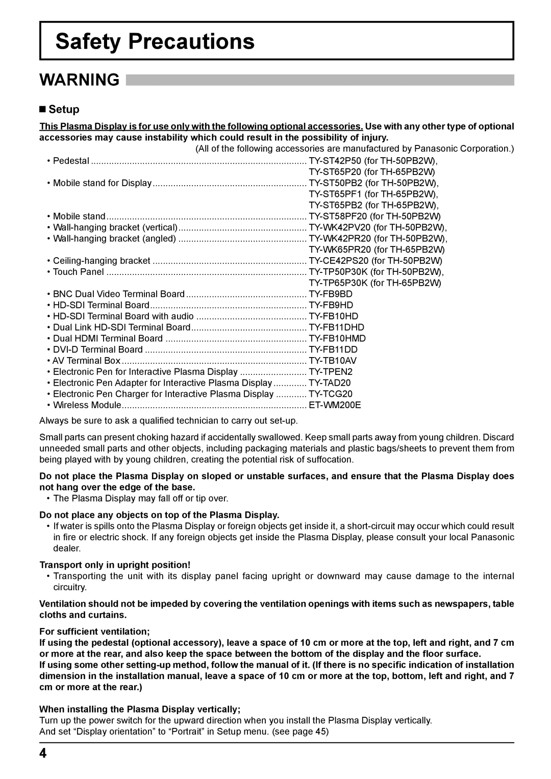 Panasonic TH-65PB2W, TH-50PB2W Safety Precautions, Setup, Do not place any objects on top of the Plasma Display 