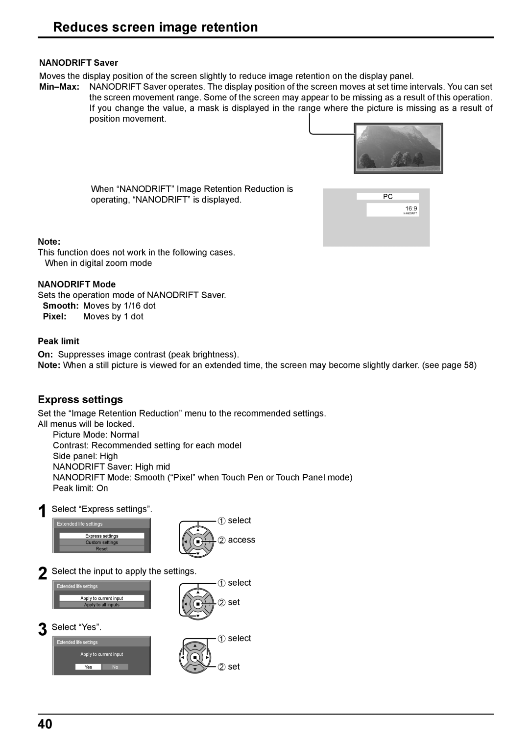 Panasonic TH-65PB2W Reduces screen image retention, Express settings, Nanodrift Saver, Nanodrift Mode, Peak limit 