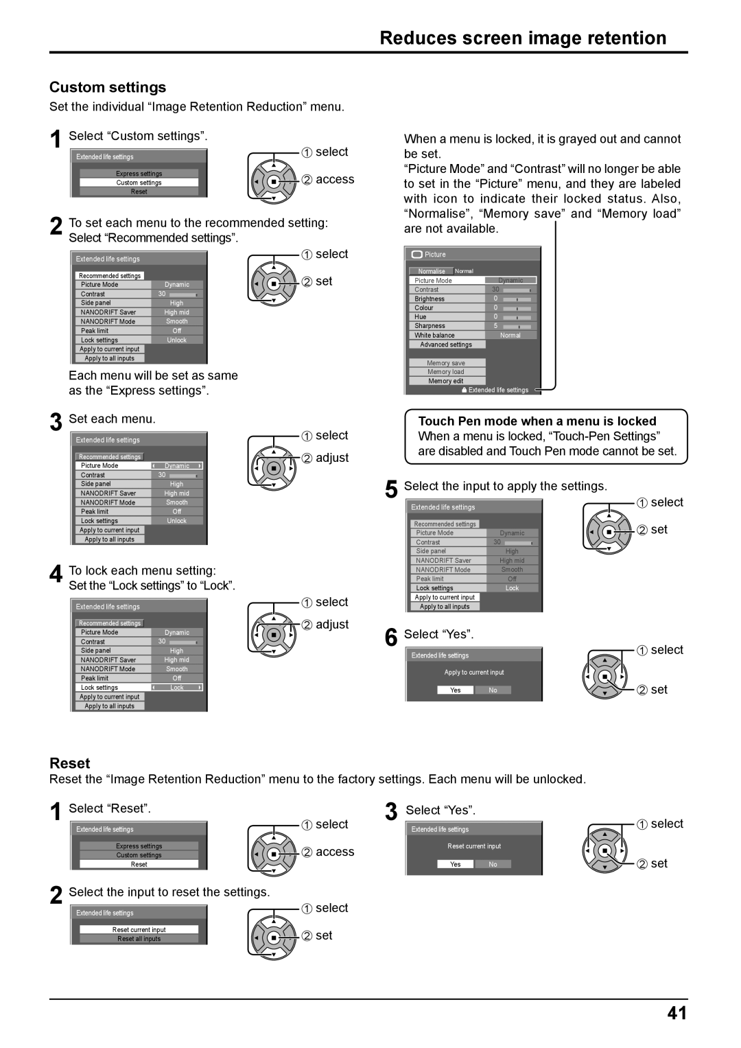 Panasonic TH-50PB2W, TH-65PB2W Custom settings, Reset, Set each menu Select, Adjust, Select Select Yes 