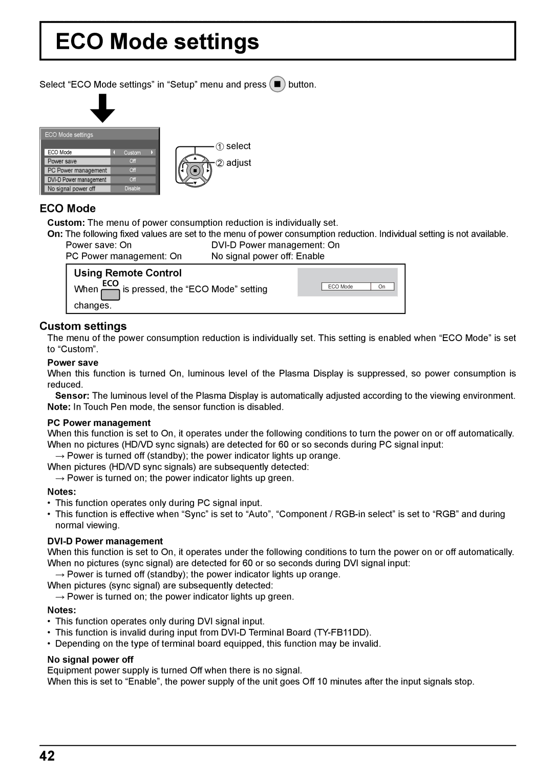 Panasonic TH-65PB2W, TH-50PB2W operating instructions ECO Mode settings 