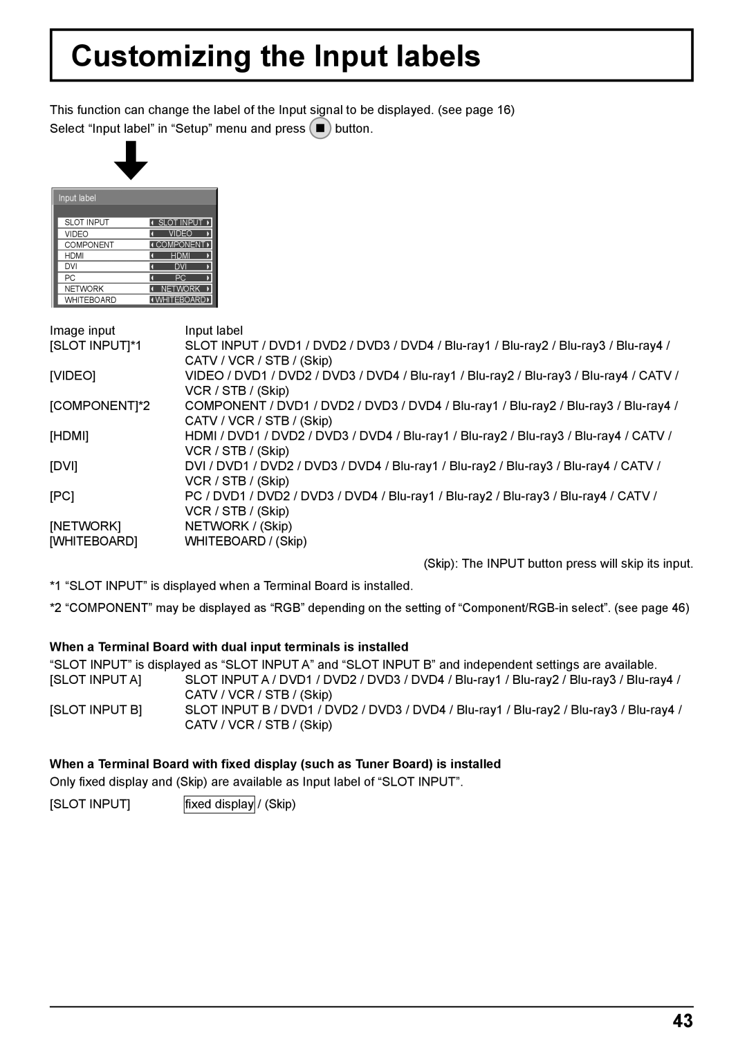 Panasonic TH-50PB2W, TH-65PB2W operating instructions Customizing the Input labels 