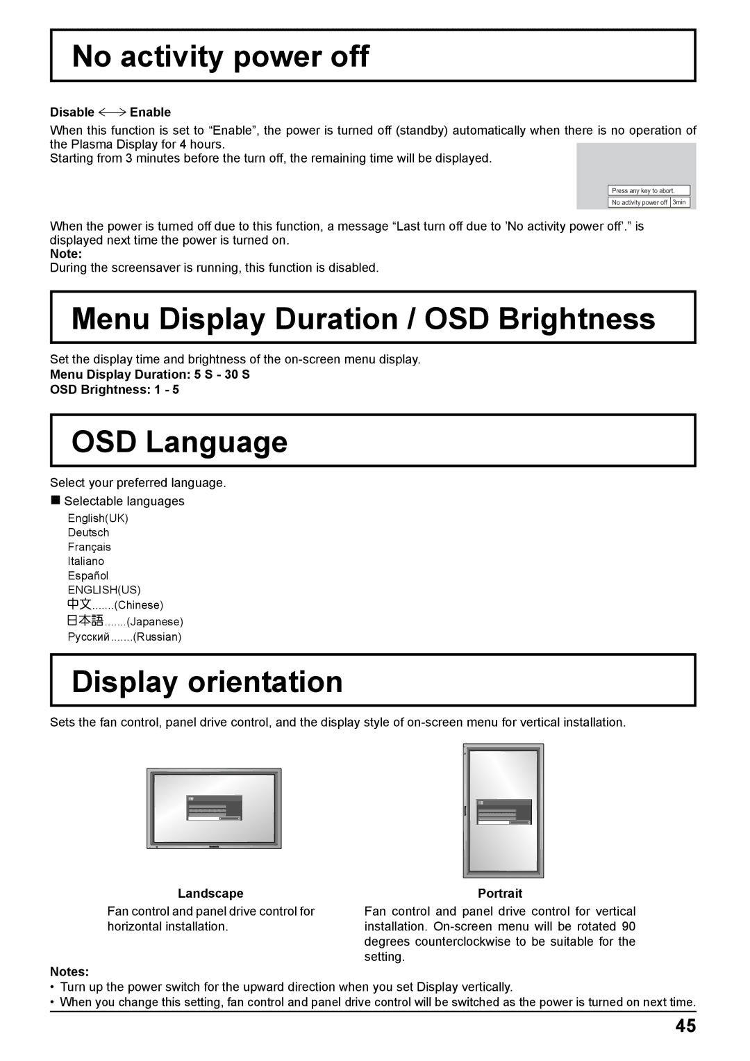 Panasonic TH-50PB2W No activity power off, Menu Display Duration / OSD Brightness, OSD Language, Display orientation 