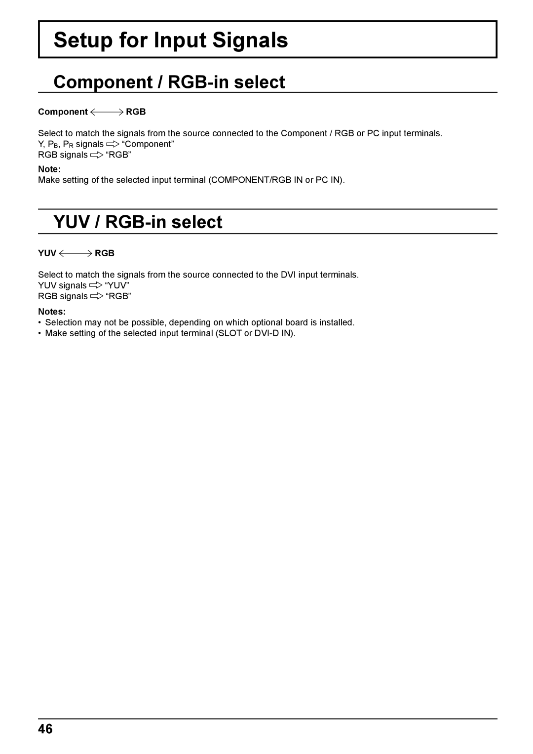 Panasonic TH-65PB2W Setup for Input Signals, Component / RGB-in select, YUV / RGB-in select, Component RGB, Yuv Rgb 