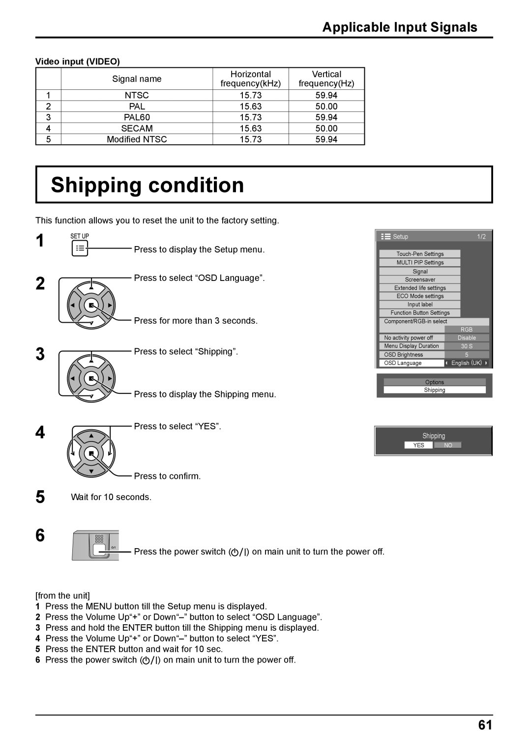 Panasonic TH-50PB2W, TH-65PB2W operating instructions Shipping condition, Applicable Input Signals, Video input Video 