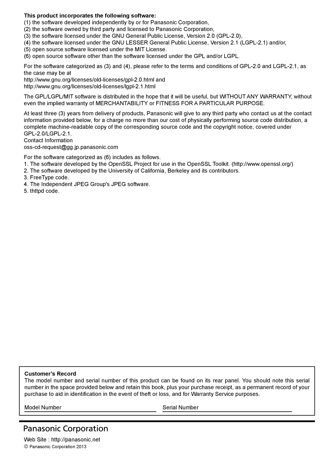 Panasonic TH-65PB2W, TH-50PB2W operating instructions This product incorporates the following software, Customer’s Record 