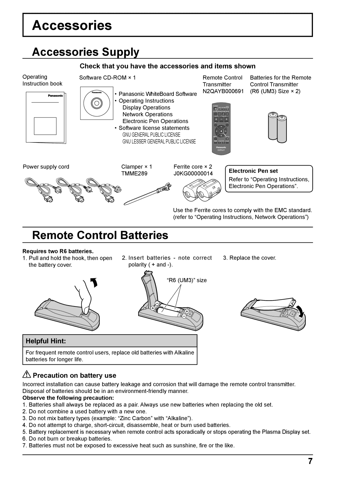 Panasonic TH-50PB2W, TH-65PB2W operating instructions Accessories Supply, Remote Control Batteries 