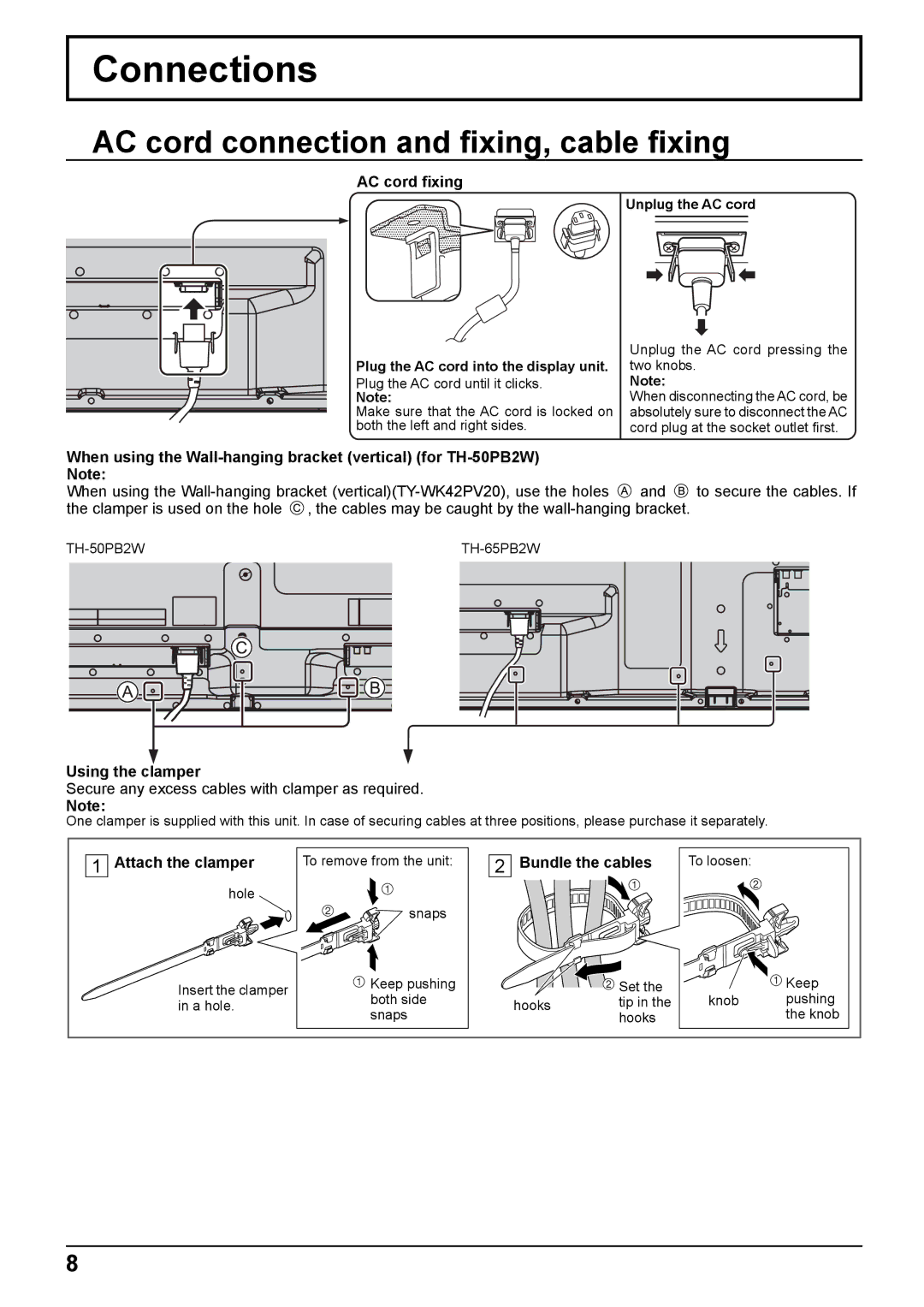 Panasonic TH-65PB2W, TH-50PB2W operating instructions Connections, AC cord connection and ﬁxing, cable ﬁxing 