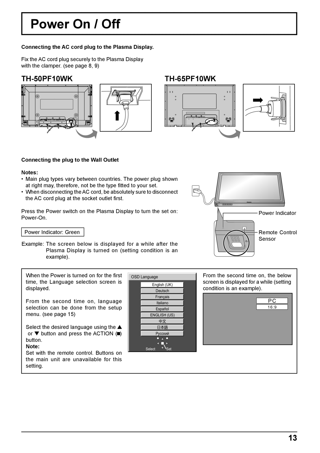 Panasonic TH-50PF10WK, TH-65PF10WK manual Power On / Off, Connecting the AC cord plug to the Plasma Display 