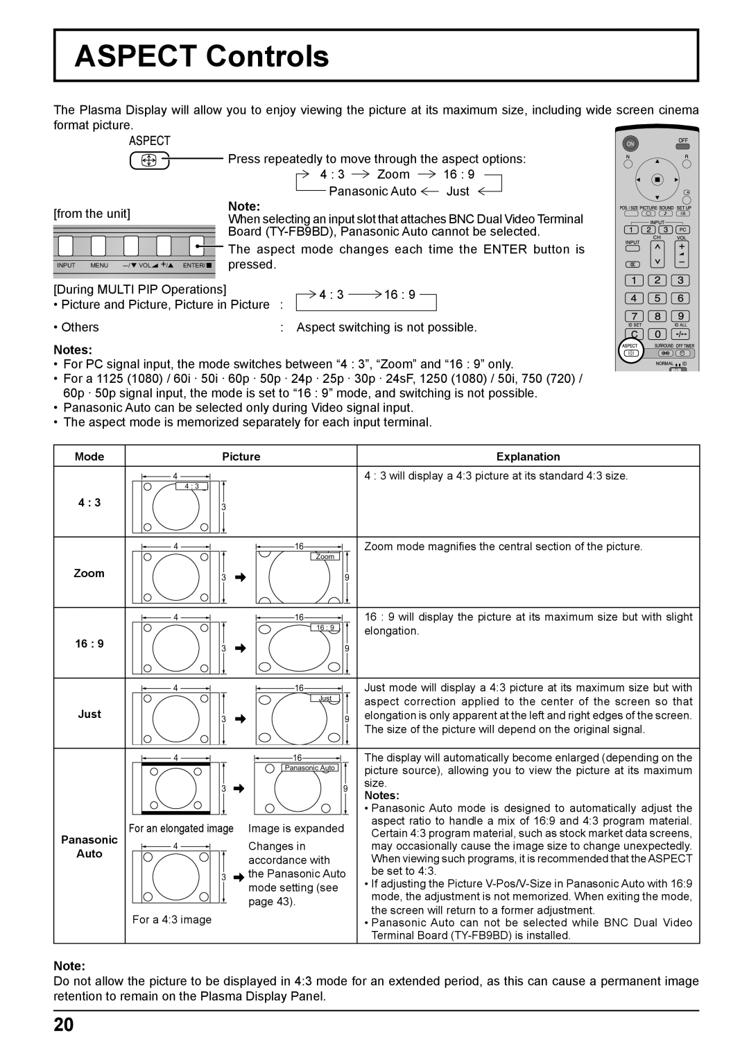 Panasonic TH-65PF10WK, TH-50PF10WK manual Aspect Controls, Mode Picture Explanation 