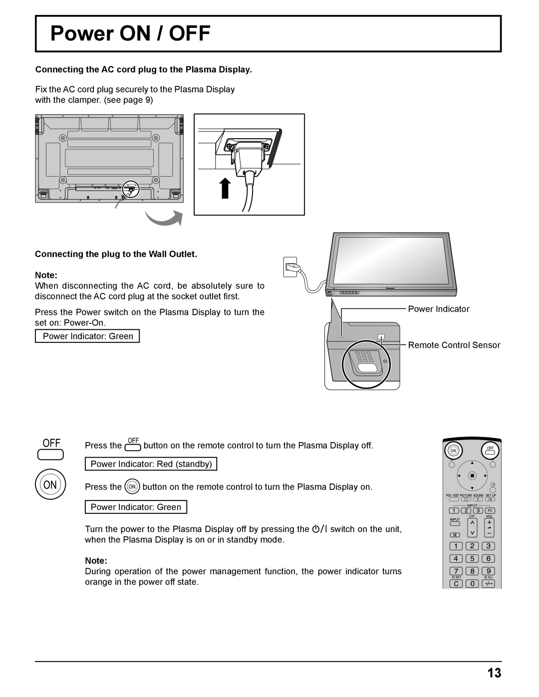 Panasonic TH-58PF11UK, TH-65PF11UK, TH-50PF11UK manual Power on / OFF, Connecting the AC cord plug to the Plasma Display 