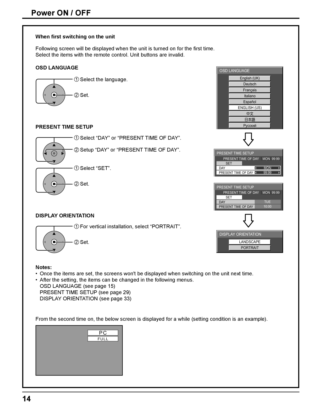 Panasonic TH-50PF11UK, TH-65PF11UK manual Power on / OFF, When ﬁrst switching on the unit, OSD Language, Present Time Setup 