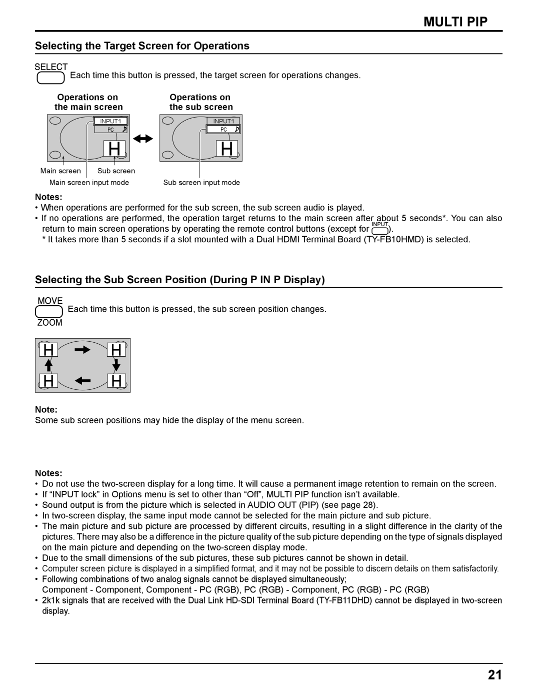 Panasonic TH-58PF11UK Selecting the Target Screen for Operations, Selecting the Sub Screen Position During P in P Display 