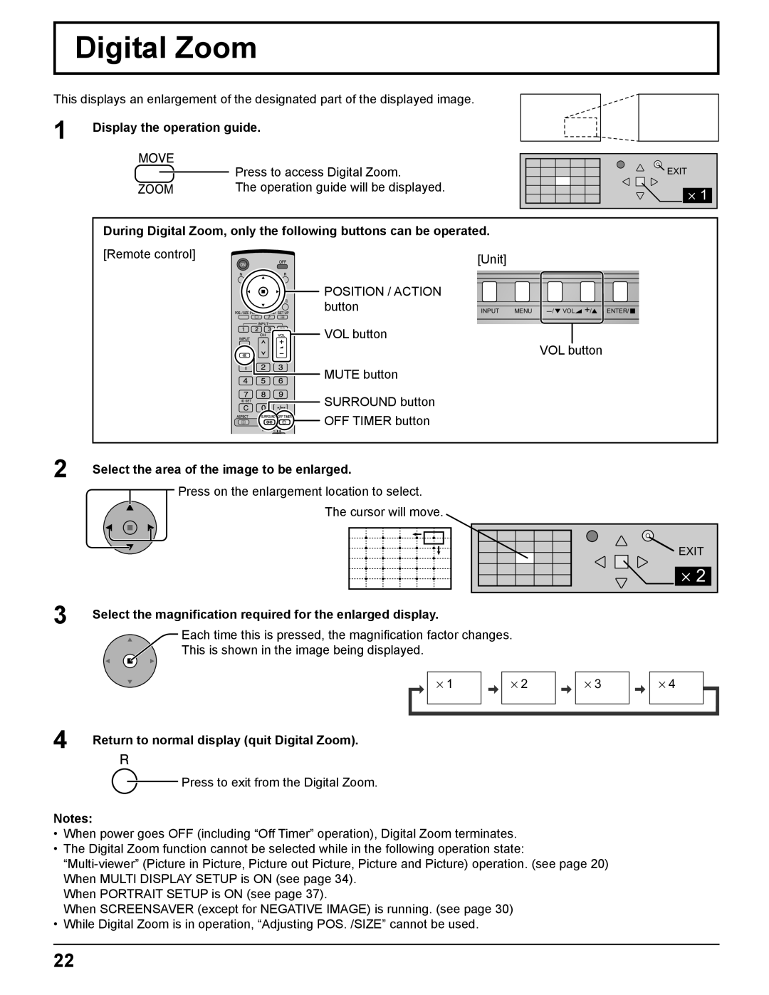 Panasonic TH-50PF11UK, TH-65PF11UK Digital Zoom, Display the operation guide, Select the area of the image to be enlarged 