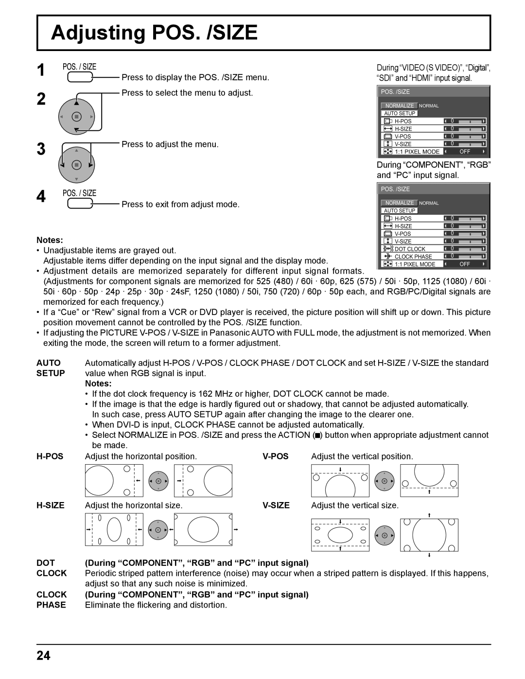 Panasonic TH-65PF11UK, TH-58PF11UK, TH-50PF11UK, TH-42PF11UK manual Adjusting POS. /SIZE 