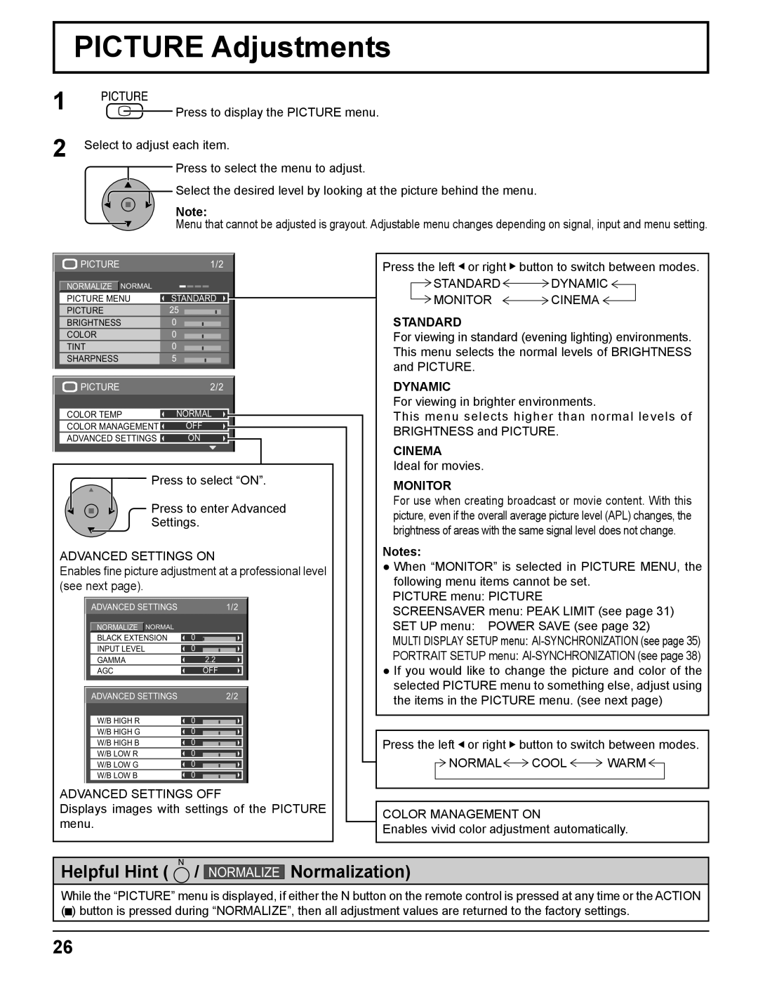 Panasonic TH-50PF11UK, TH-65PF11UK, TH-58PF11UK, TH-42PF11UK manual Picture Adjustments, Standard, Dynamic, Cinema, Monitor 