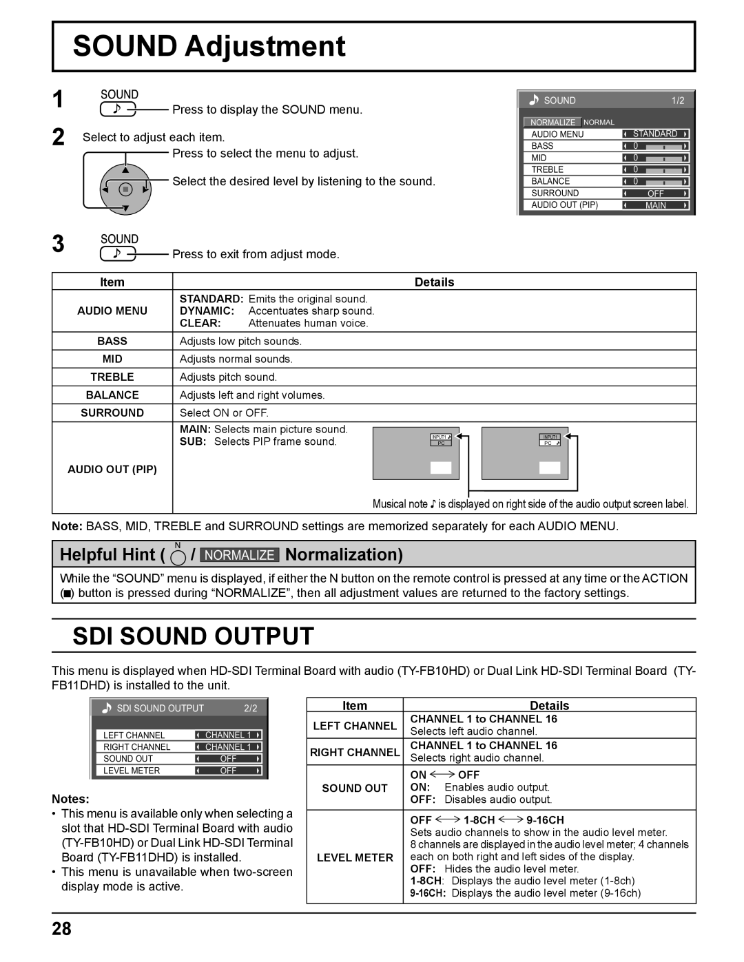 Panasonic TH-65PF11UK, TH-58PF11UK, TH-50PF11UK, TH-42PF11UK manual Sound Adjustment, SDI Sound Output 