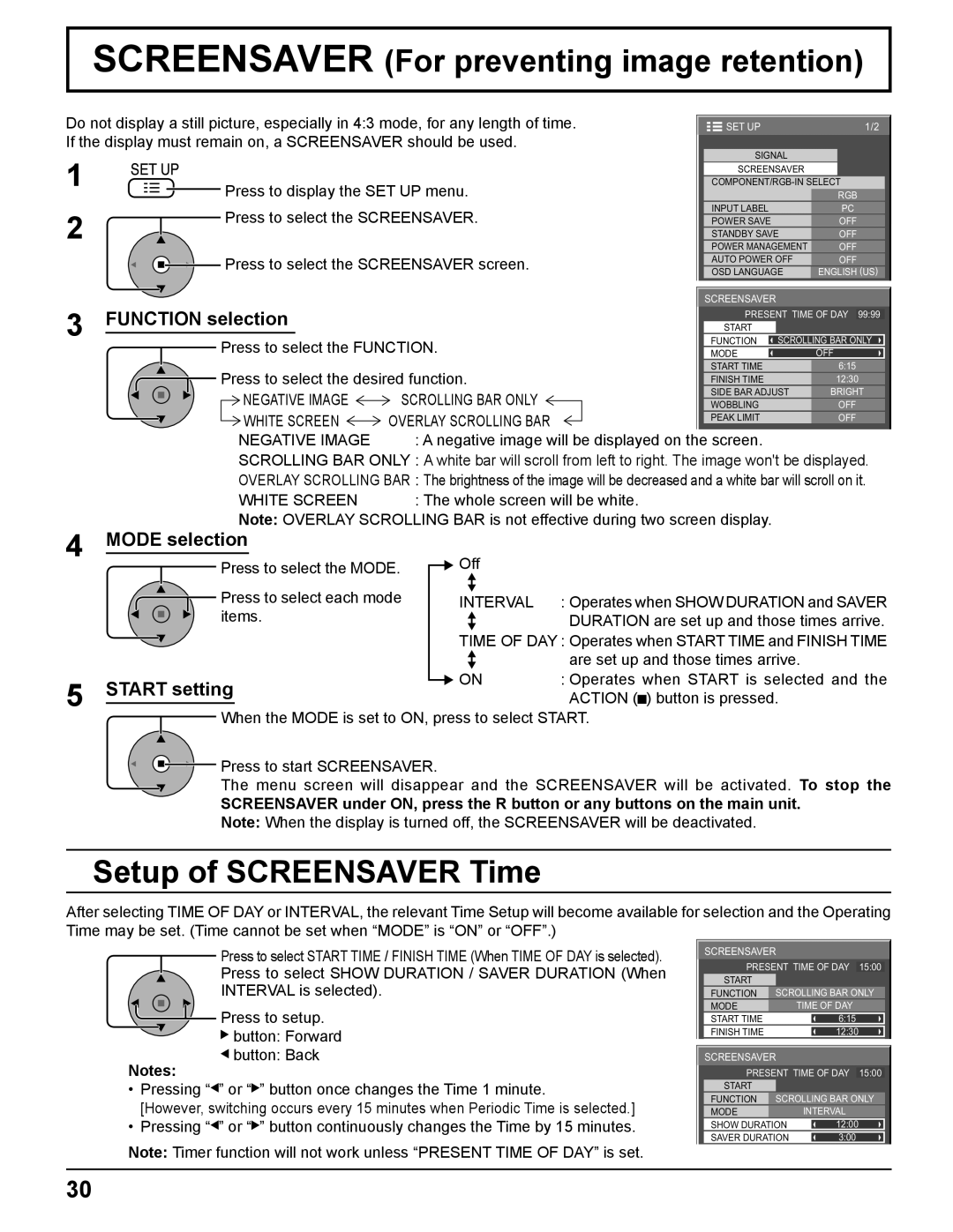 Panasonic TH-50PF11UK manual Screensaver For preventing image retention, Setup of Screensaver Time, Function selection 