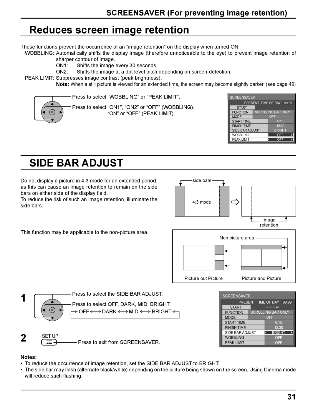 Panasonic TH-42PF11UK manual Reduces screen image retention, Side BAR Adjust, Screensaver For preventing image retention 