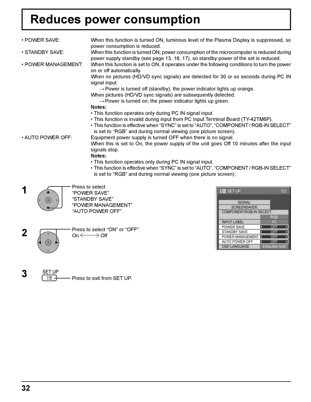 Panasonic TH-65PF11UK, TH-58PF11UK, TH-50PF11UK, TH-42PF11UK manual Reduces power consumption 