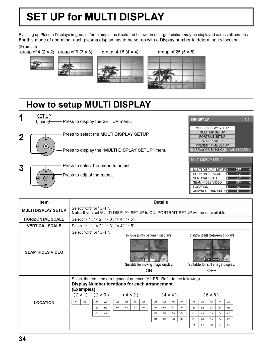 Panasonic TH-50PF11UK, TH-65PF11UK, TH-58PF11UK, TH-42PF11UK SET UP for Multi Display, How to setup Multi Display, × 1 2 × 