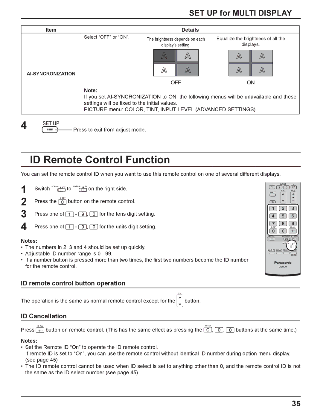 Panasonic TH-42PF11UK manual ID Remote Control Function, SET UP for Multi Display, ID remote control button operation, Off 