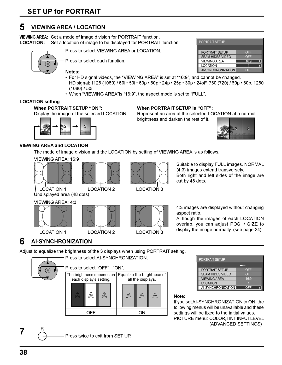 Panasonic TH-50PF11UK, TH-65PF11UK, TH-58PF11UK manual SET UP for Portrait, Viewing Area Location, Undisplayed area 48 dots 