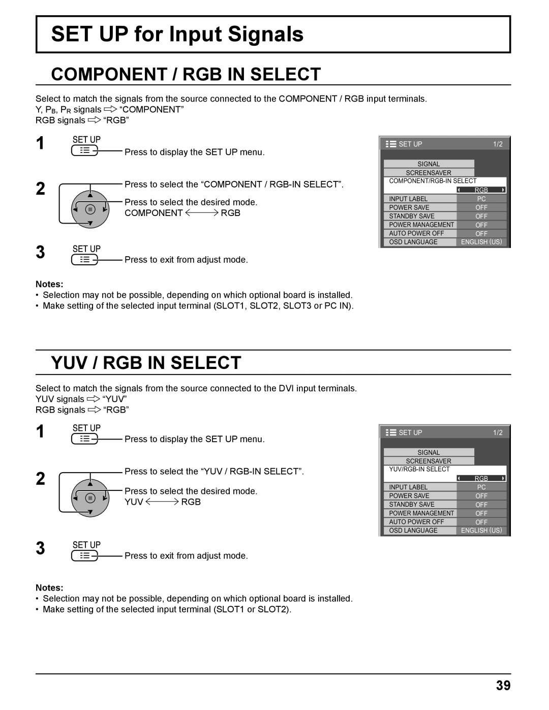 Panasonic TH-42PF11UK, TH-65PF11UK, TH-58PF11UK SET UP for Input Signals, Component / RGB in Select, YUV / RGB in Select 