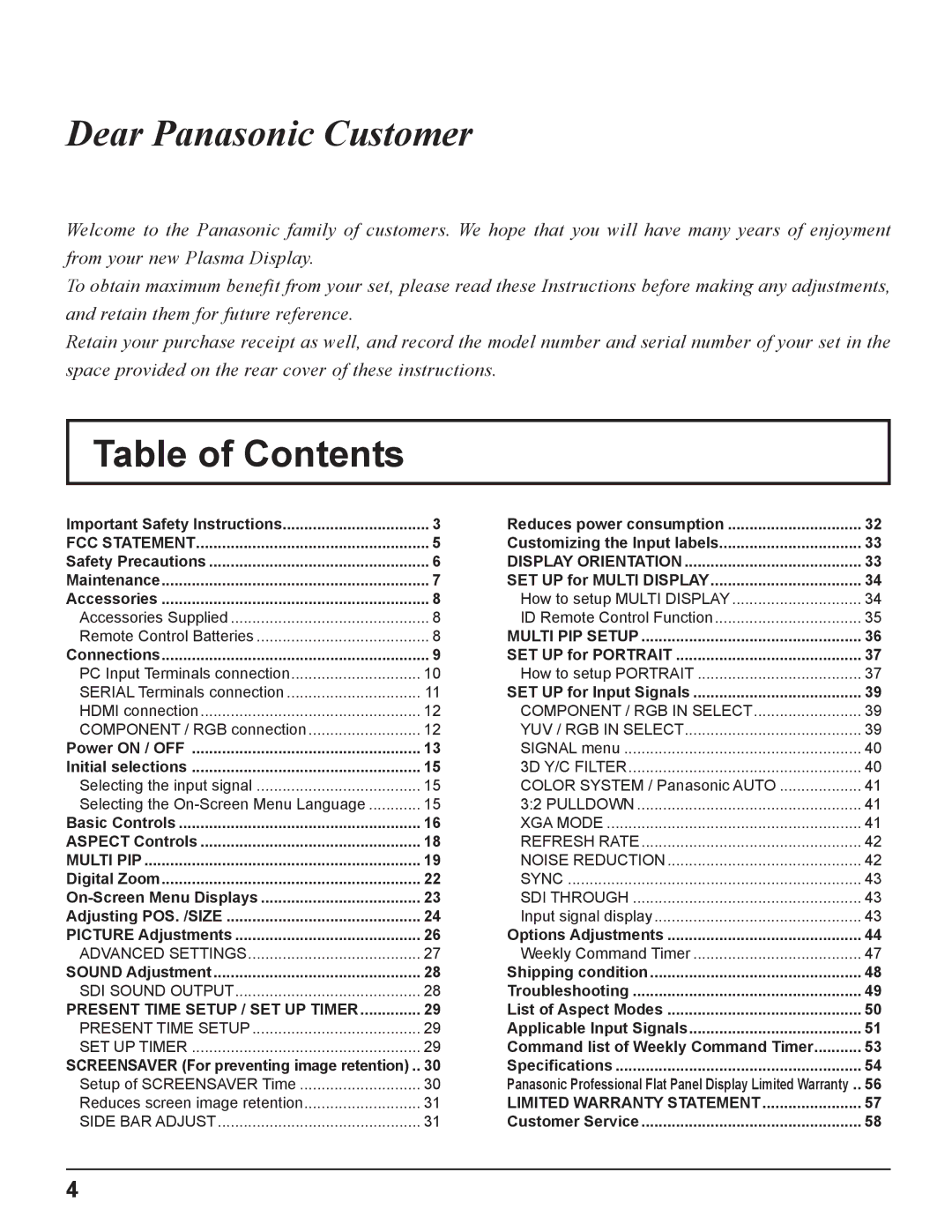 Panasonic TH-65PF11UK, TH-58PF11UK, TH-50PF11UK, TH-42PF11UK manual Table of Contents 