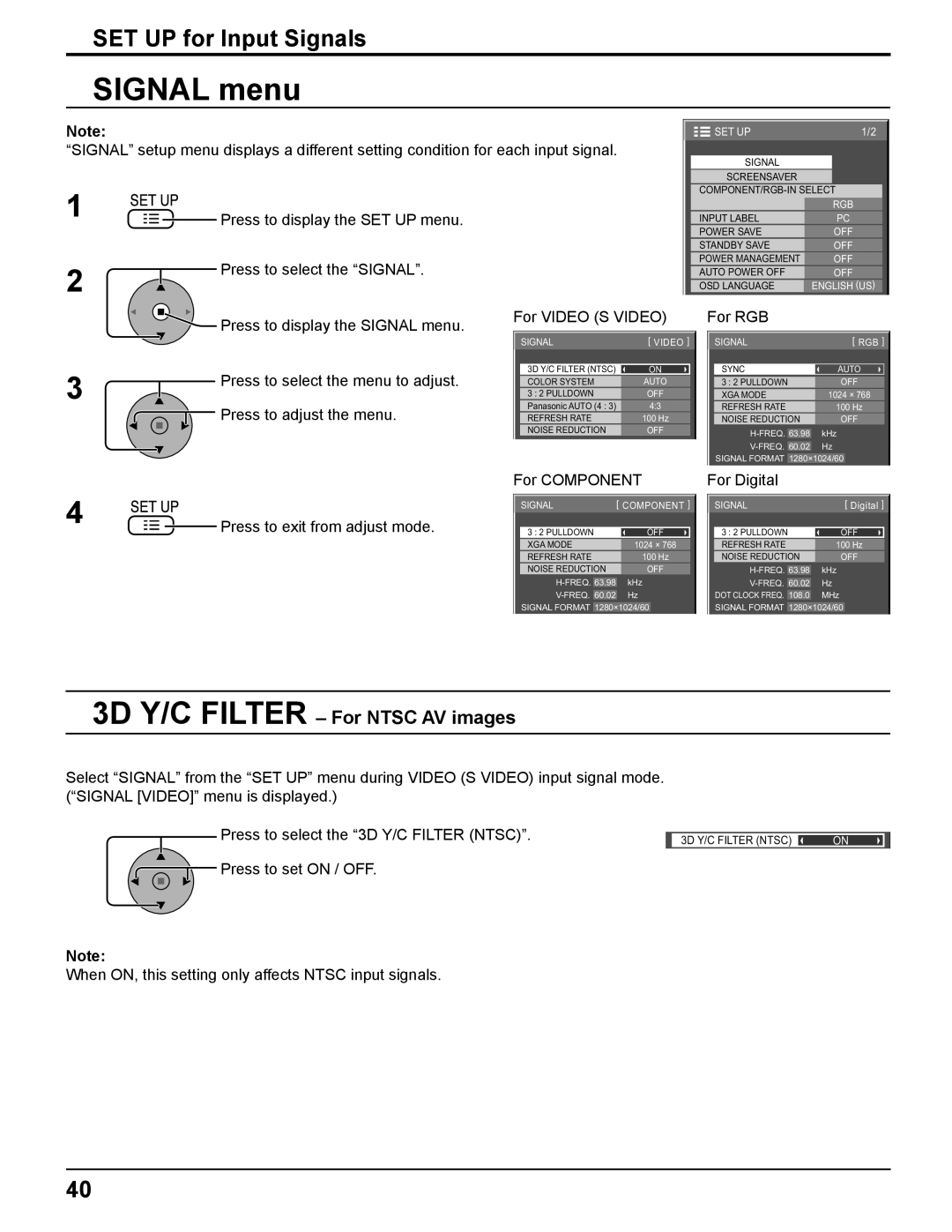 Panasonic TH-65PF11UK, TH-58PF11UK, TH-50PF11UK Signal menu, SET UP for Input Signals, 3D Y/C Filter For Ntsc AV images 