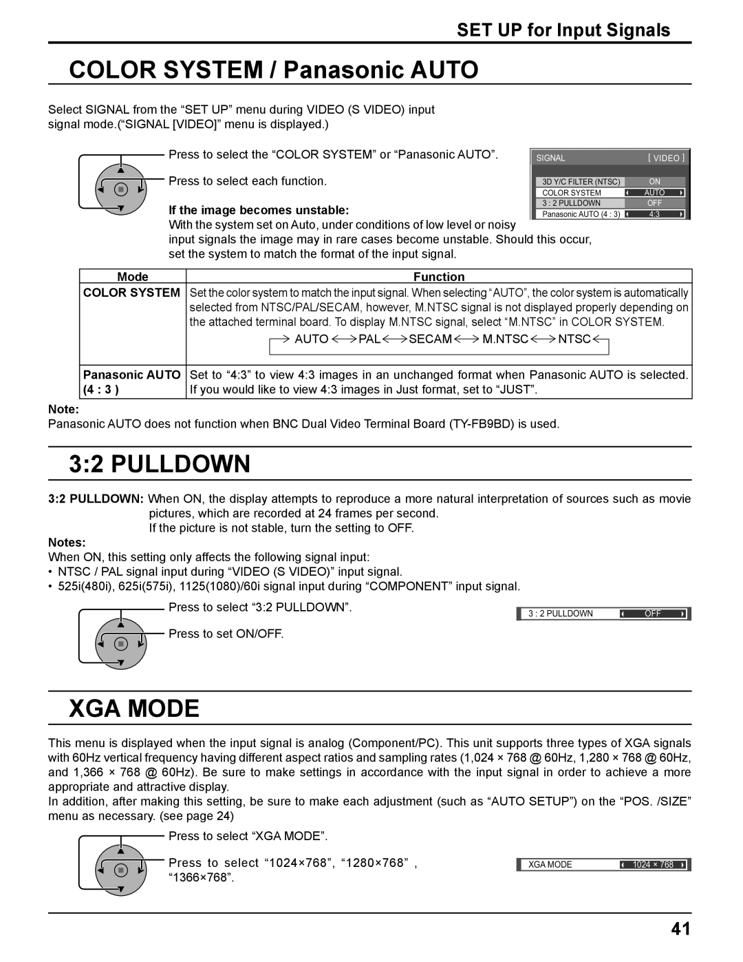 Panasonic TH-58PF11UK, TH-65PF11UK, TH-50PF11UK, TH-42PF11UK manual Color System / Panasonic Auto, Pulldown, XGA Mode 