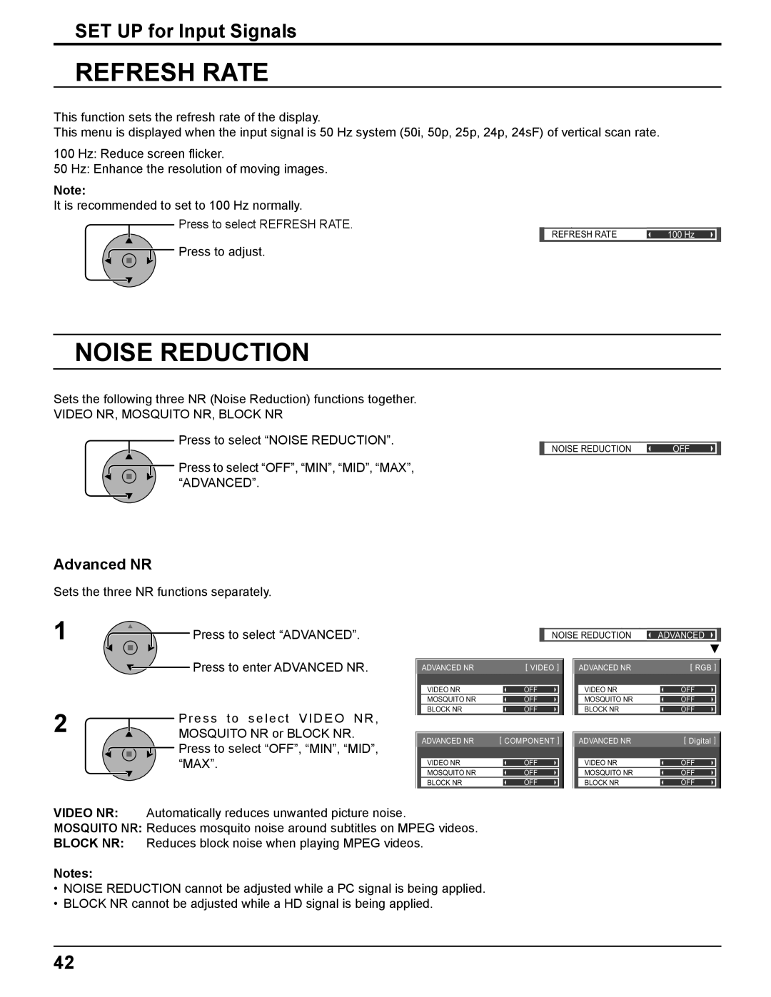 Panasonic TH-50PF11UK manual Refresh Rate, Noise Reduction, Advanced NR, Press to adjust, Video NR, Mosquito NR, Block NR 