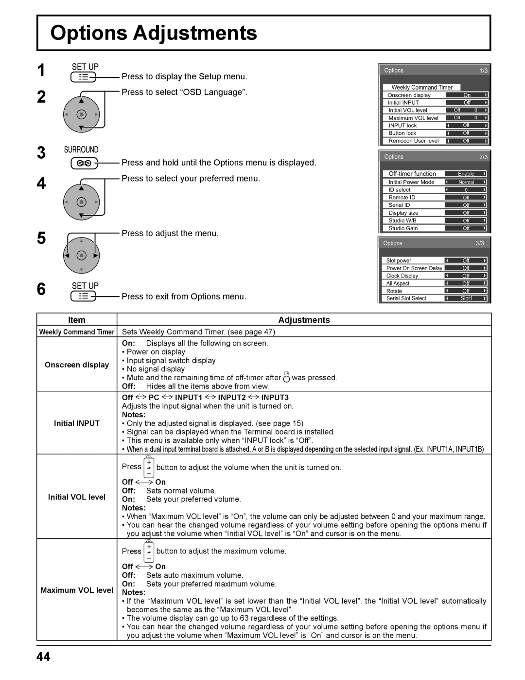 Panasonic TH-65PF11UK, TH-58PF11UK, TH-50PF11UK, TH-42PF11UK manual Options Adjustments, Options1/3 