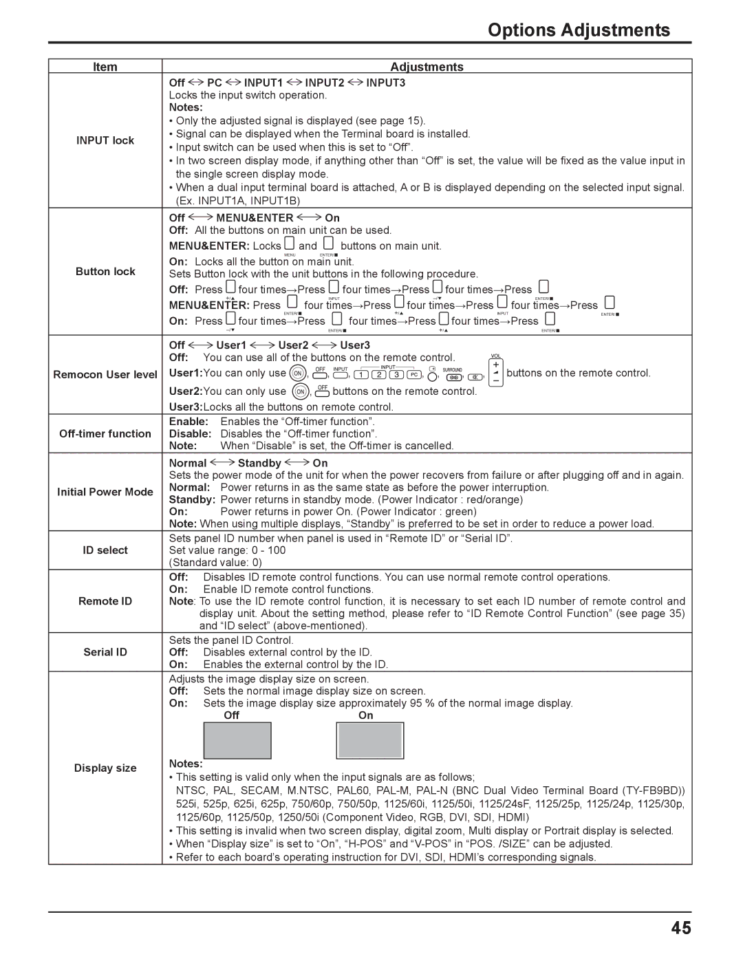 Panasonic TH-58PF11UK, TH-65PF11UK, TH-50PF11UK, TH-42PF11UK manual Options Adjustments, INPUT1 INPUT2 INPUT3 