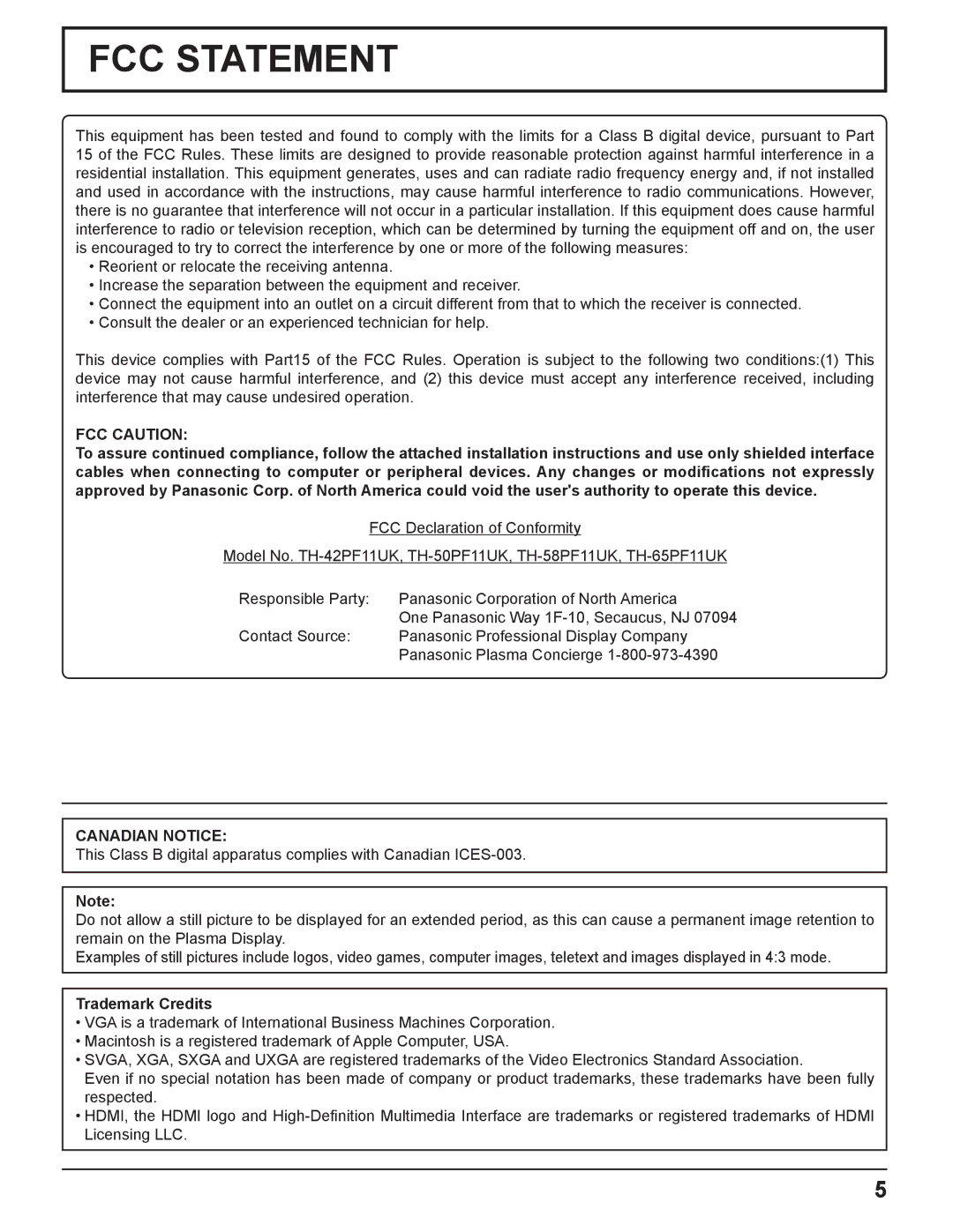 Panasonic TH-58PF11UK, TH-65PF11UK, TH-50PF11UK, TH-42PF11UK manual FCC Caution, Canadian Notice, Trademark Credits 