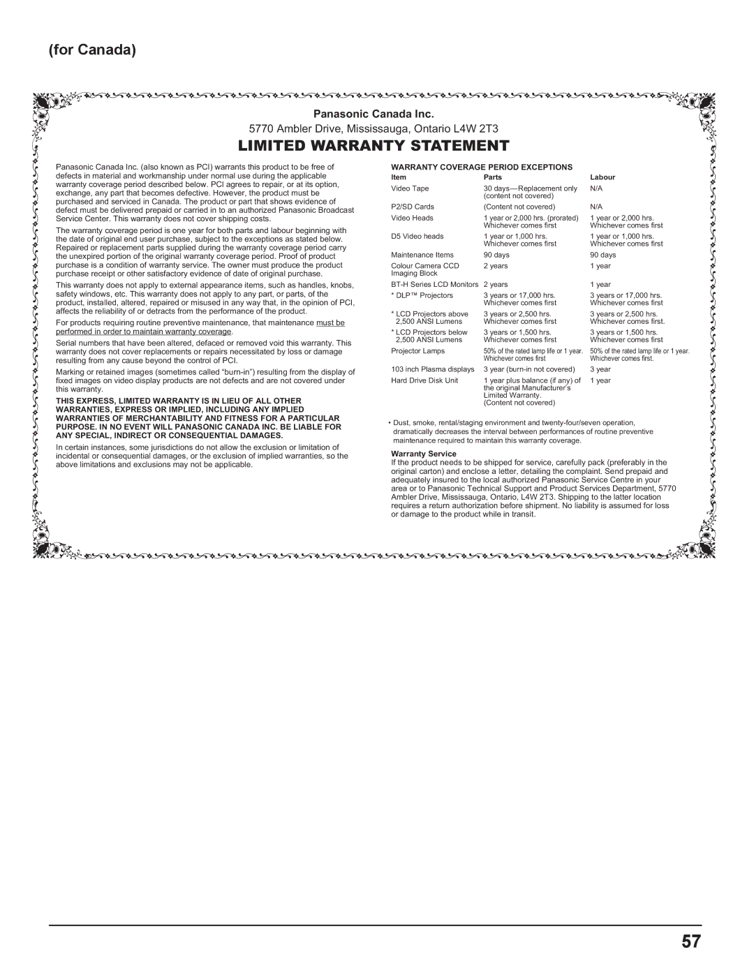 Panasonic TH-58PF11UK, TH-65PF11UK, TH-50PF11UK, TH-42PF11UK manual For Canada, Limited Warranty Statement 