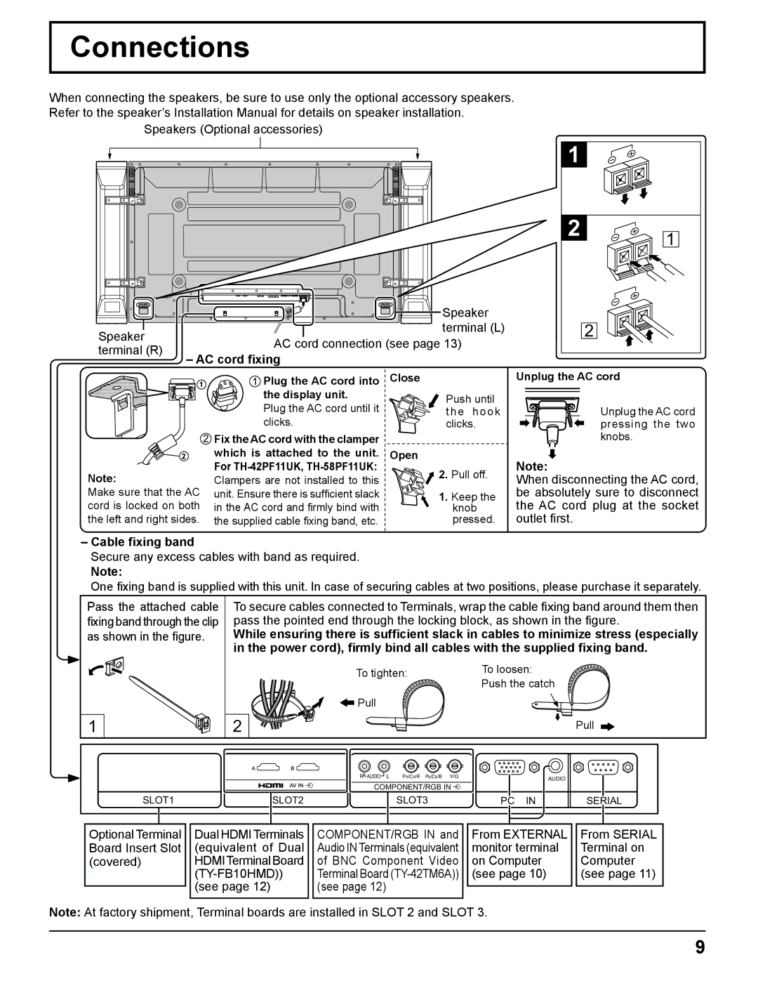 Panasonic TH-58PF11UK Connections, AC cord ﬁxing, Cable ﬁxing band, Secure any excess cables with band as required, See 