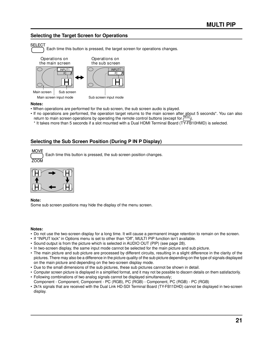 Panasonic TH-58PF11UK Selecting the Target Screen for Operations, Selecting the Sub Screen Position During P IN P Display 