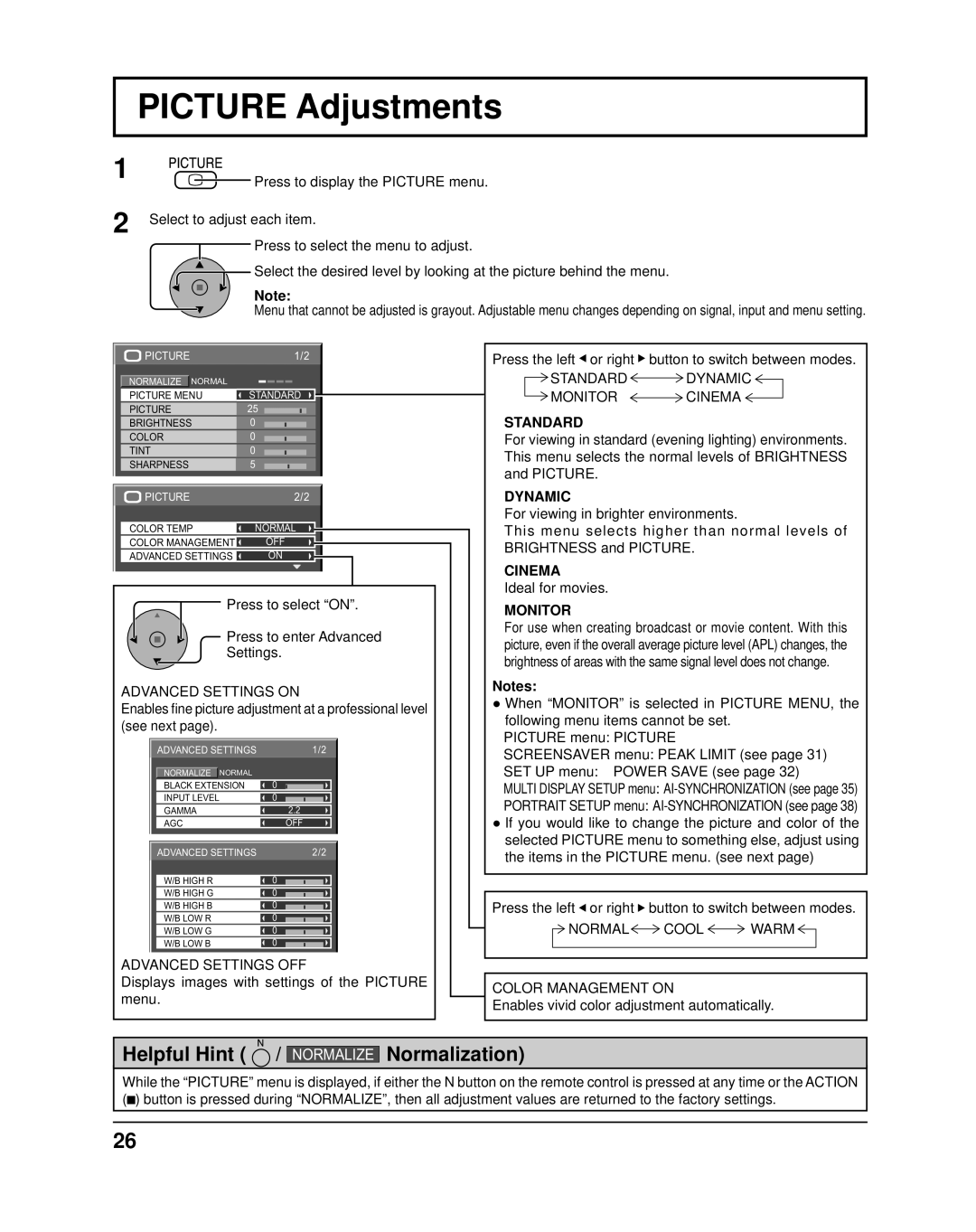 Panasonic TH-50PF11UK PICTURE Adjustments, Helpful Hint, Normalization, Normalize, Standard, Dynamic, Cinema, Monitor 