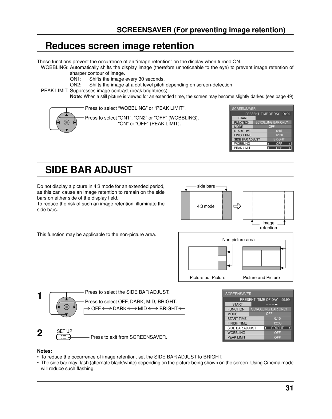 Panasonic TH-42PF11UK manual Reduces screen image retention, Side Bar Adjust, SCREENSAVER For preventing image retention 