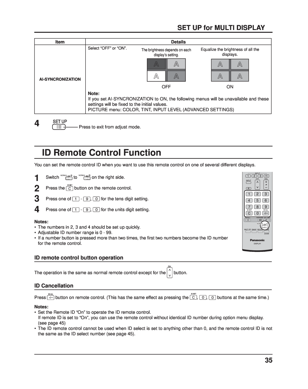 Panasonic TH-42PF11UK ID Remote Control Function, SET UP for MULTI DISPLAY, ID remote control button operation, Details 