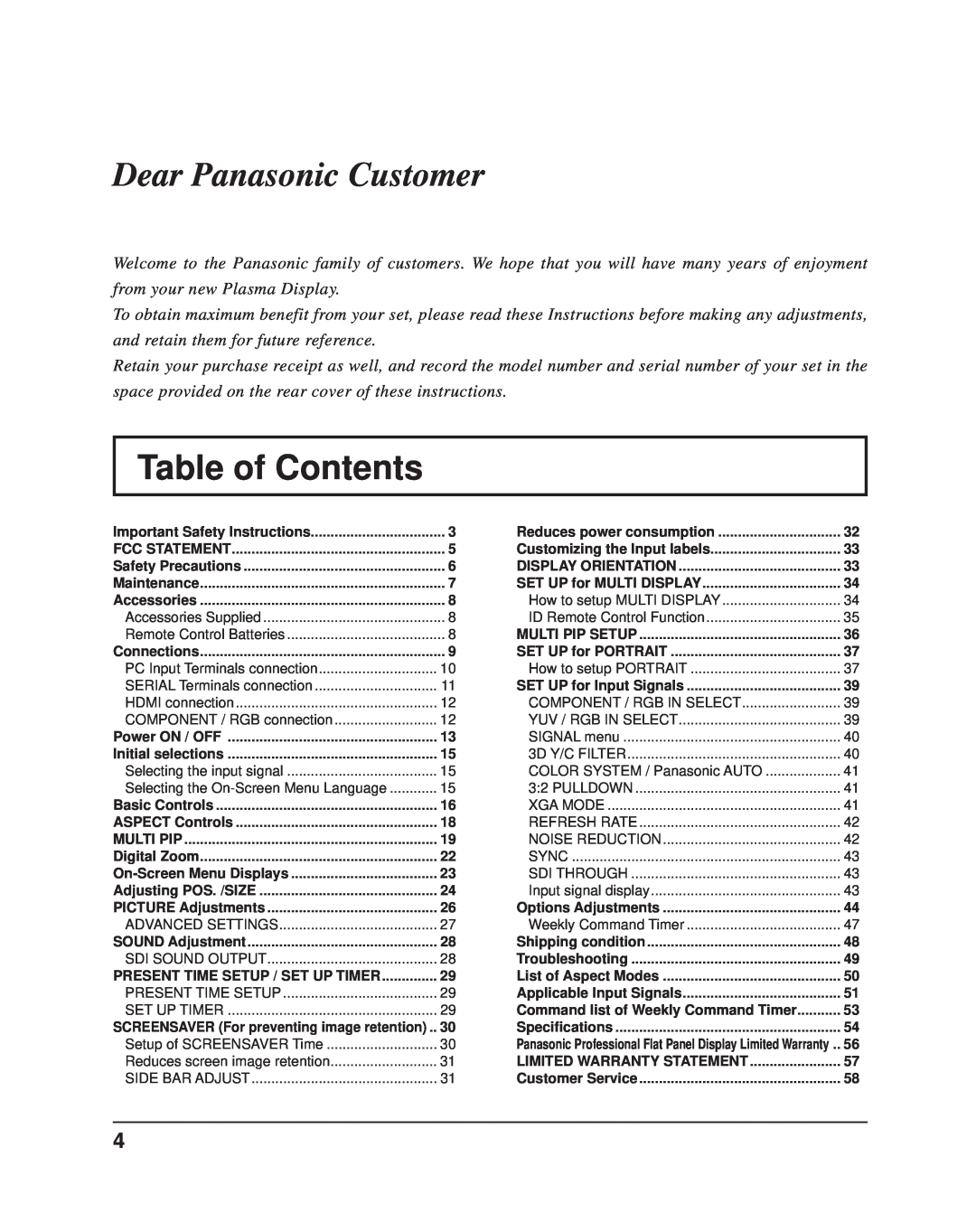 Panasonic TH-65PF11UK, TH-58PF11UK, TH-50PF11UK, TH-42PF11UK manual Table of Contents, Dear Panasonic Customer 