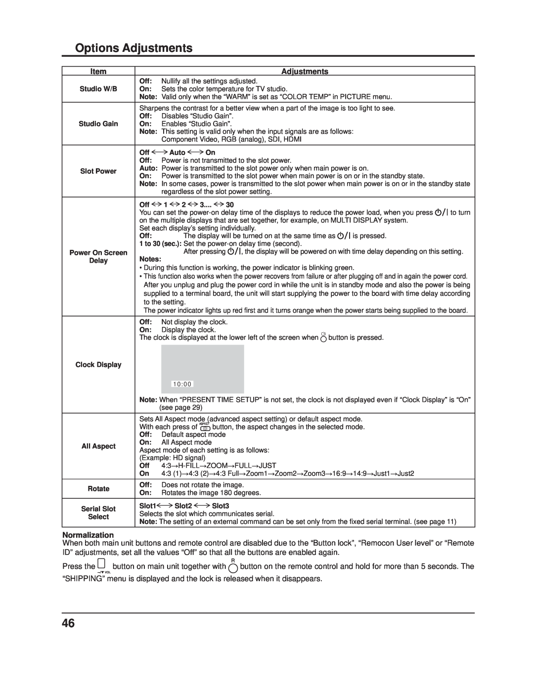 Panasonic TH-50PF11UK, TH-65PF11UK manual Options Adjustments, Normalization, Press the, button on main unit together with 