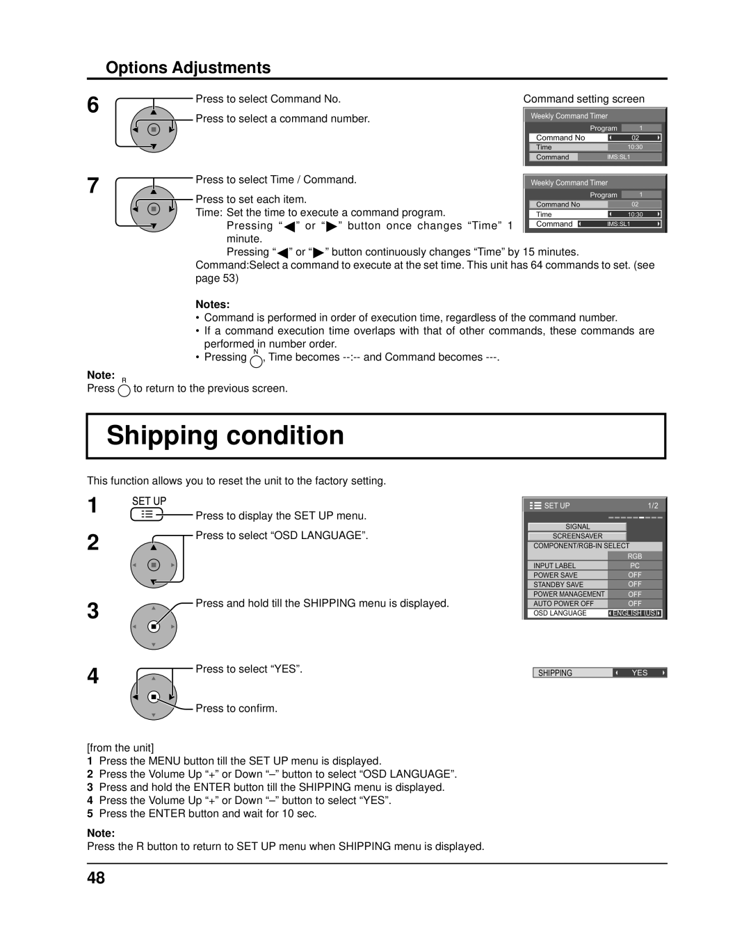 Panasonic TH-65PF11UK, TH-58PF11UK, TH-50PF11UK, TH-42PF11UK manual Shipping condition, Options Adjustments 