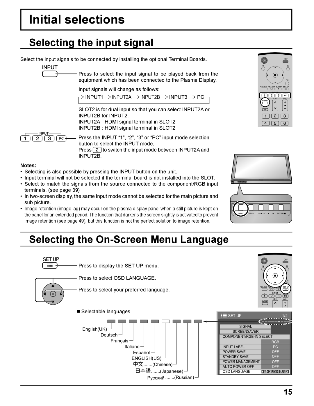 Panasonic TH-42PF11UK, TH-65PF11UK Initial selections, Selecting the input signal, Selecting the On-Screen Menu Language 