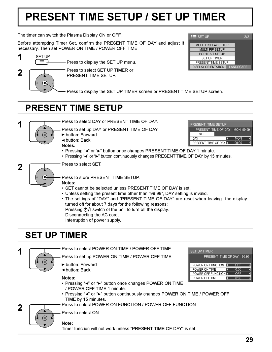Panasonic TH-58PF11UK Present Time Setup / Set Up Timer, Press to select POWER ON TIME / POWER OFF TIME, button Forward 