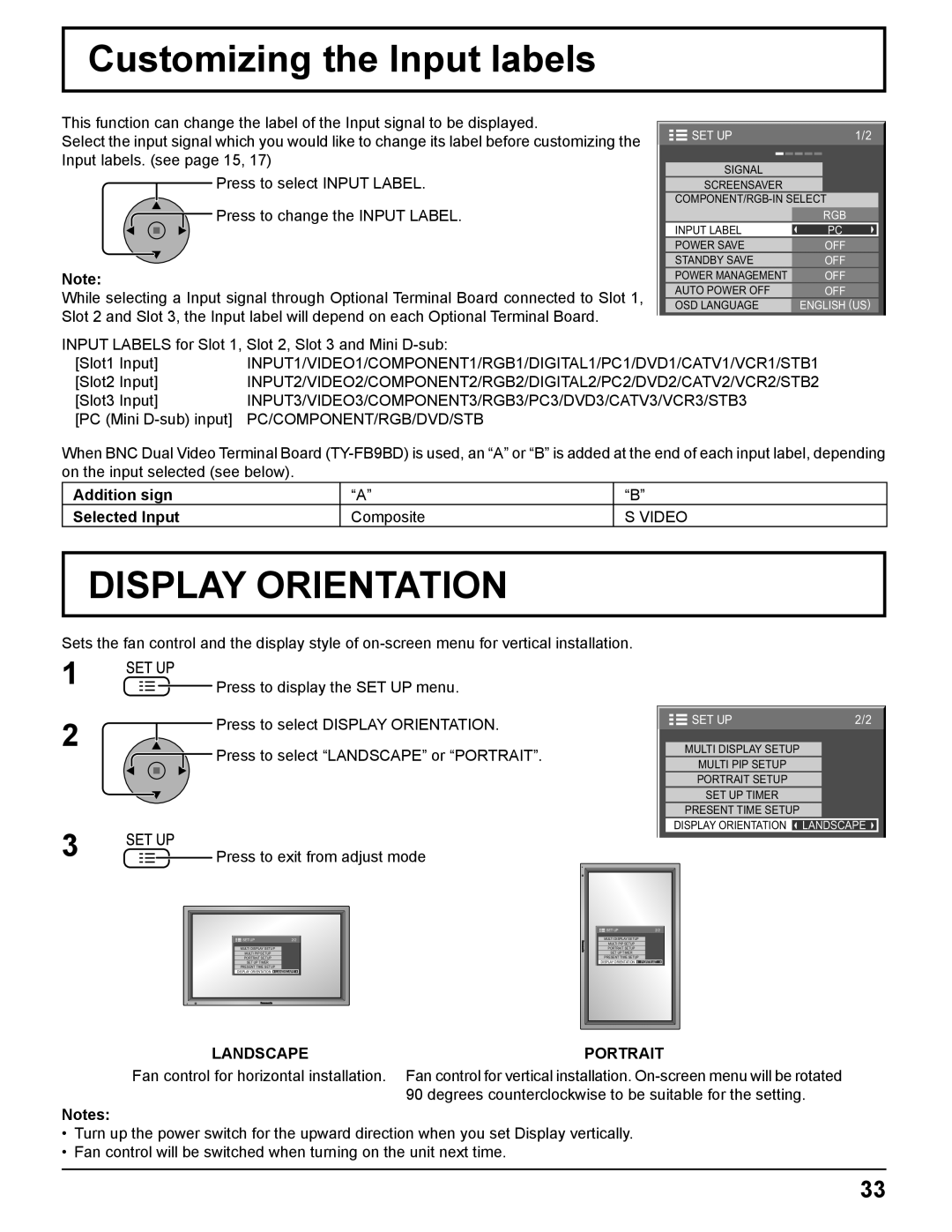 Panasonic TH-58PF11UK manual Customizing the Input labels, Display Orientation, Addition sign, Selected Input, Landscape 